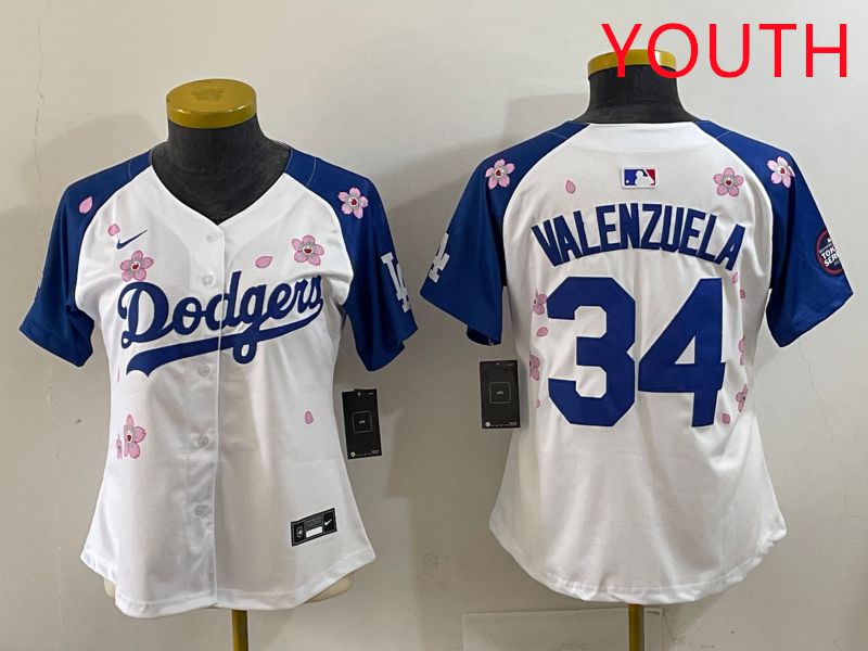 Youth Los Angeles Dodgers 34 Valenzuela White Blue Sakura Edition 2025 Nike MLB Jersey style 31